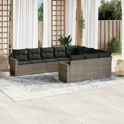 vidaXL 10-tlg. Garten-Sofagarnitur mit Kissen Grau Poly Rattan