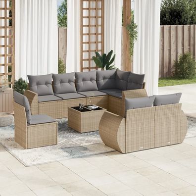 vidaXL 9-tlg. Garten-Sofagarnitur mit Kissen Beige Poly Rattan