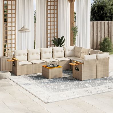 vidaXL 10-tlg. Garten-Sofagarnitur mit Kissen Beige Poly Rattan