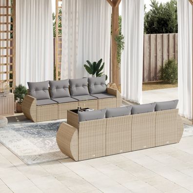 vidaXL 9-tlg. Garten-Sofagarnitur mit Kissen Beige Poly Rattan