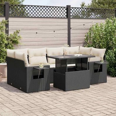 vidaXL 7-tlg. Garten-Sofagarnitur mit Kissen Schwarz Poly Rattan