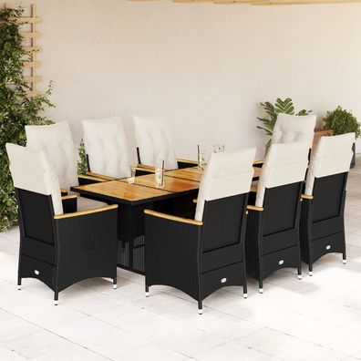 vidaXL 9-tlg. Garten-Bistro-Set mit Kissen Schwarz Poly Rattan