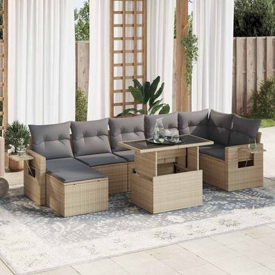 vidaXL 8-tlg. Garten-Sofagarnitur mit Kissen Beige Poly Rattan