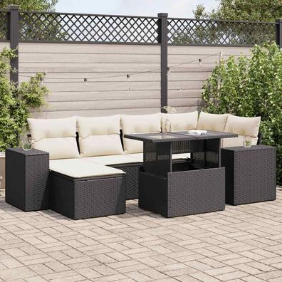 vidaXL 7-tlg. Garten-Sofagarnitur mit Kissen Schwarz Poly Rattan