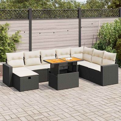 vidaXL 9-tlg. Garten-Sofagarnitur mit Kissen Schwarz Poly Rattan