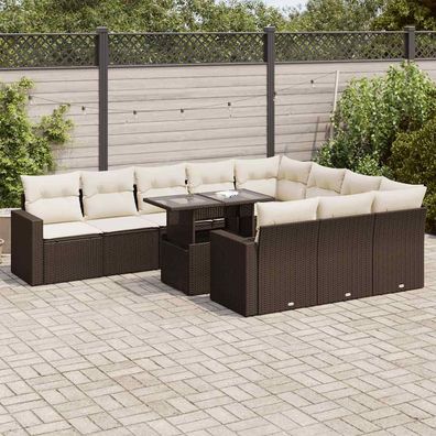 vidaXL 11-tlg. Garten-Sofagarnitur mit Kissen Braun Poly Rattan