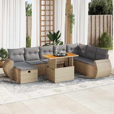 vidaXL 9-tlg. Garten-Sofagarnitur mit Kissen Beige Poly Rattan Akazie