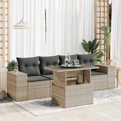 vidaXL 5-tlg. Garten-Sofagarnitur mit Kissen Hellgrau Poly Rattan