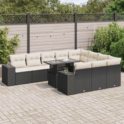 vidaXL 11-tlg. Garten-Sofagarnitur mit Kissen Schwarz Poly Rattan