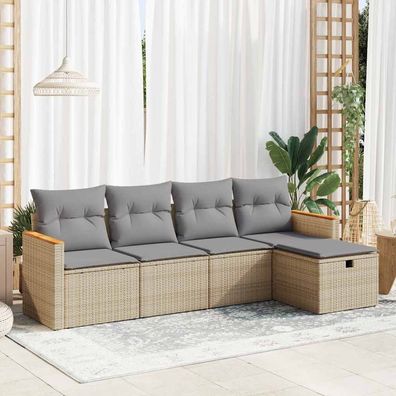 vidaXL 5-tlg. Garten-Sofagarnitur mit Kissen Beige Poly Rattan