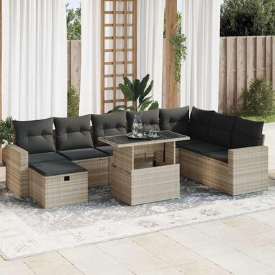 vidaXL 9-tlg. Garten-Sofagarnitur mit Kissen Hellgrau Poly Rattan