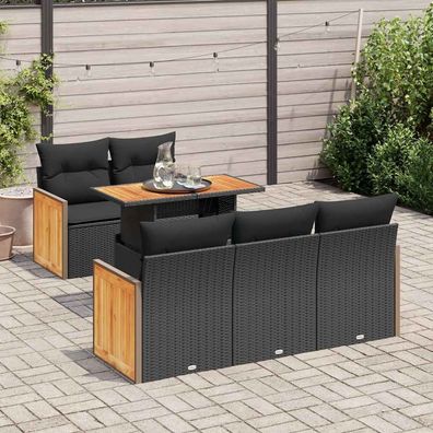 vidaXL 6-tlg. Garten-Sofagarnitur mit Kissen Schwarz Poly Rattan