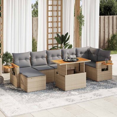 vidaXL 8-tlg. Garten-Sofagarnitur mit Kissen Beige Poly Rattan Akazie