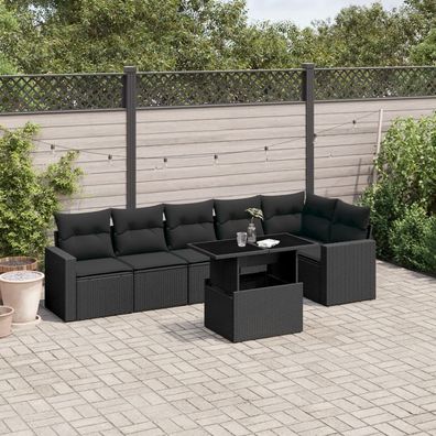 vidaXL 7-tlg. Garten-Sofagarnitur mit Kissen Schwarz Poly Rattan