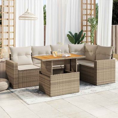 vidaXL 6-tlg. Garten-Sofagarnitur mit Kissen Beige Poly Rattan