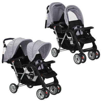 vidaXL Tandem-Kinderwagen Stahl Grau und Schwarz