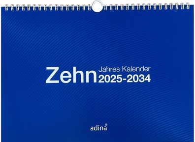 2025 Adina Zehnjahres-Kalender A4 blau Querformat mit Spiralbindung und Wandaufhän