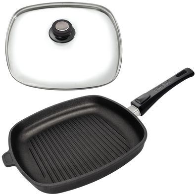 Eurolux Grill-Eckpfanne 28cm Induktion Aluguss Antihaft Griff abnehmbar & Deckel