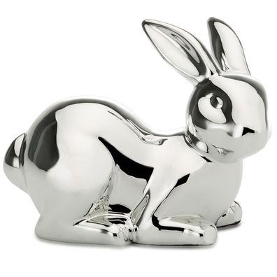 kleiner silberner liegender Porzellan Deko Hase 13.5 cm lang