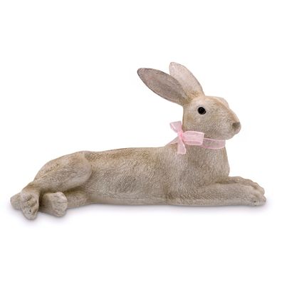 großer liegender Deko Hase aus Kunststein 48 cm lang mit rosa Schleife