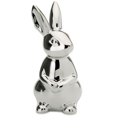 kleiner silberner sitzender Porzellan Deko Osterhase 17.5 cm hoch