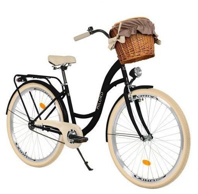 28 Zoll Damenfahrrad MILORD Citybike Mit Weidenkorb Schwarz-Creme Fahrrad 1 Gang