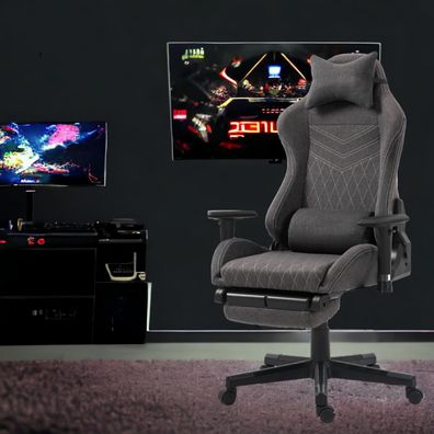 STADO® | Gaming-Stuhl | Stoff | Grau-Weiß | 72x72cm | Rollen | Sessel | Fußablage