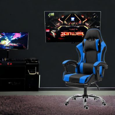 STADO® | Gaming-Stuhl | Kunstleder | Blau | 62x62cm | Rollen | Sessel | Fußablage