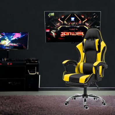 STADO® | Gaming-Stuhl | Kunstleder | Gelb | 62x62cm | Rollen | Sessel | Fußablage