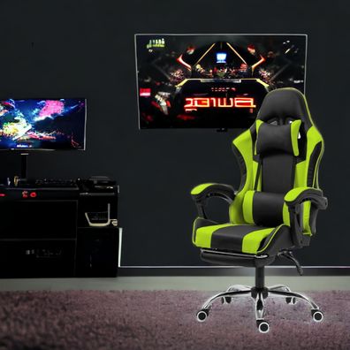 STADO® | Gaming-Stuhl | Kunstleder | Grün | 62x62cm | Rollen | Sessel | Fußablage