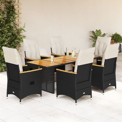 vidaXL 7-tlg. Garten-Bistro-Set mit Kissen Schwarz Poly Rattan