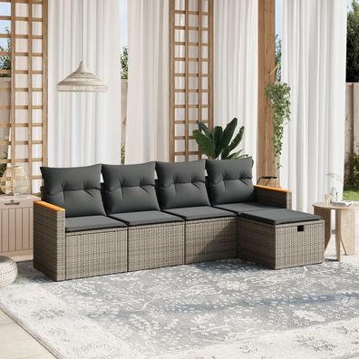 vidaXL 5-tlg. Garten-Sofagarnitur mit Kissen Grau Poly Rattan