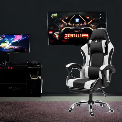 STADO® | Gaming-Stuhl | Kunstleder | Weiß | 62x62cm | Rollen | Sessel | Fußablage