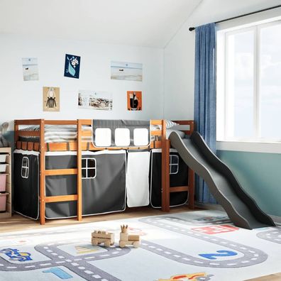 vidaXL Kinderhochbett mit Vorhängen Weiß und Schwarz Massivholz Kiefer