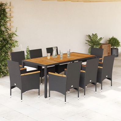 vidaXL 9-tlg. Garten-Essgruppe mit Kissen Schwarz Poly Rattan Akazie