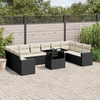 vidaXL 11-tlg. Garten-Sofagarnitur mit Kissen Schwarz Poly Rattan