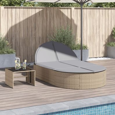 vidaXL Doppel-Sonnenliege mit Auflagen Beige Poly Rattan