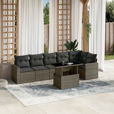 vidaXL 7-tlg. Garten-Sofagarnitur mit Kissen Grau Poly Rattan