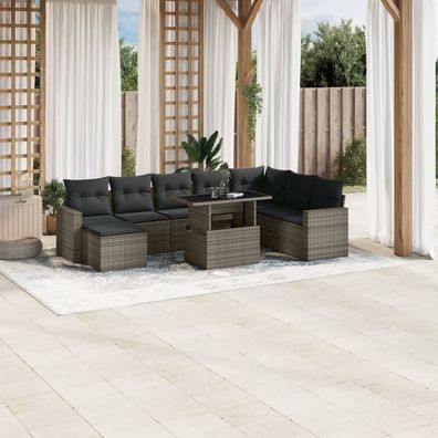 vidaXL 9-tlg. Garten-Sofagarnitur mit Kissen Grau Poly Rattan