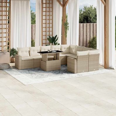 vidaXL 10-tlg. Garten-Sofagarnitur mit Kissen Beige Poly Rattan