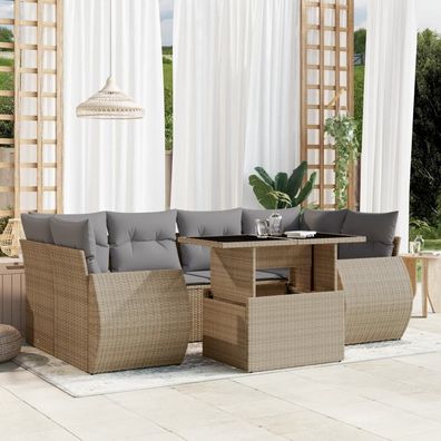 vidaXL 7-tlg. Garten-Sofagarnitur mit Kissen Beige Poly Rattan