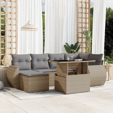 vidaXL 7-tlg. Garten-Sofagarnitur mit Kissen Beige Poly Rattan