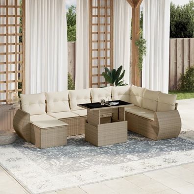 vidaXL 9-tlg. Garten-Sofagarnitur mit Kissen Beige Poly Rattan