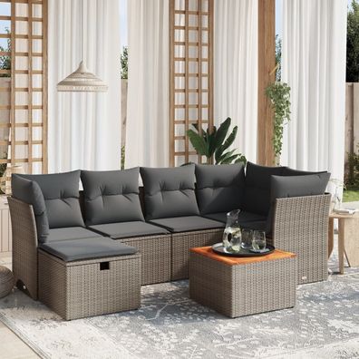 vidaXL 7-tlg. Garten-Sofagarnitur mit Kissen Grau Poly Rattan