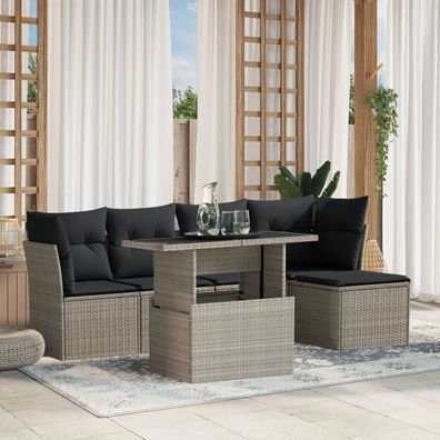 vidaXL 6-tlg. Garten-Sofagarnitur mit Kissen Hellgrau Poly Rattan