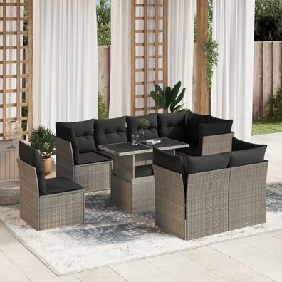 vidaXL 9-tlg. Garten-Sofagarnitur mit Kissen Hellgrau Poly Rattan