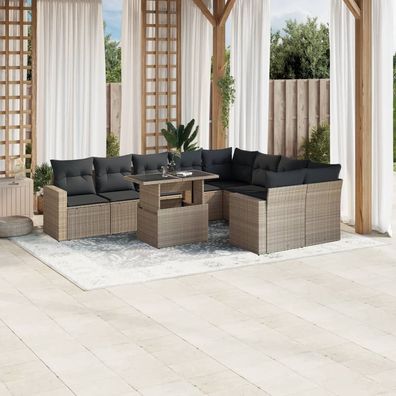 vidaXL 10-tlg. Garten-Sofagarnitur mit Kissen Hellgrau Poly Rattan