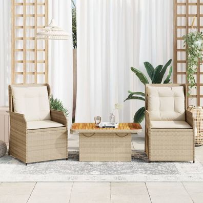 vidaXL 3-tlg. Garten-Lounge-Set mit Kissen Beige Poly Rattan