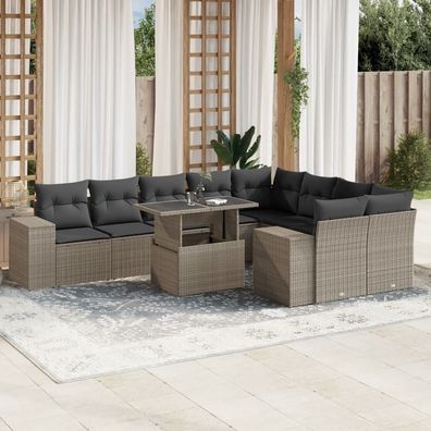 vidaXL 10-tlg. Garten-Sofagarnitur mit Kissen Hellgrau Poly Rattan