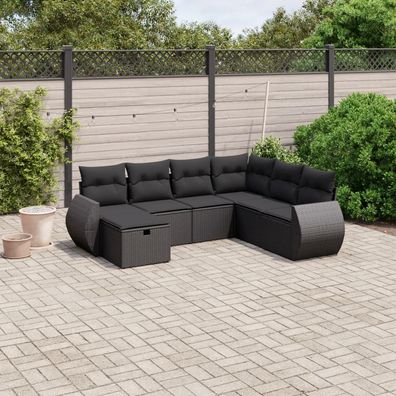 vidaXL 7-tlg. Garten-Sofagarnitur mit Kissen Schwarz Poly Rattan